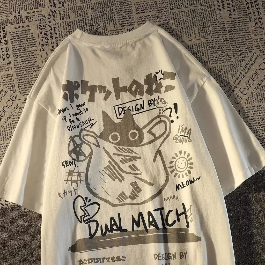 T-shirt manches courtes avec imprimé chat rétro japonais