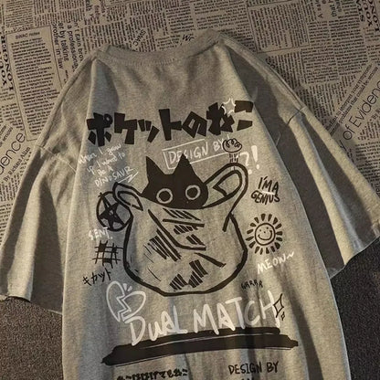 T-shirt manches courtes avec imprimé chat rétro japonais
