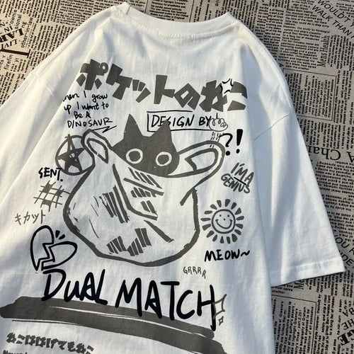 T-shirt manches courtes avec imprimé chat rétro japonais