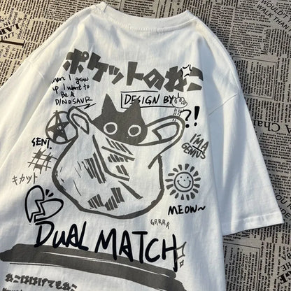 T-shirt manches courtes avec imprimé chat rétro japonais