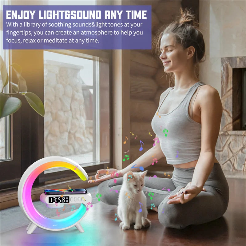 Chargeur sans fil, support, haut-parleur, veilleuse RVB, lampe, alarme