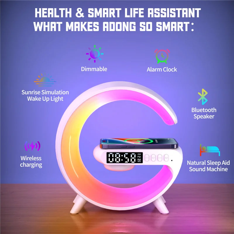 Chargeur sans fil, support, haut-parleur, veilleuse RVB, lampe, alarme