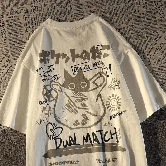 T-shirt manches courtes avec imprimé chat rétro japonais