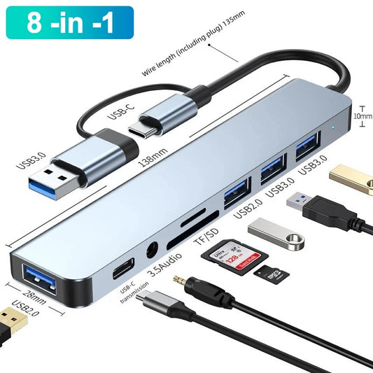 Adaptateur multiport Splitter USB 3.0 2.0  8 ports Type C 2 en 1